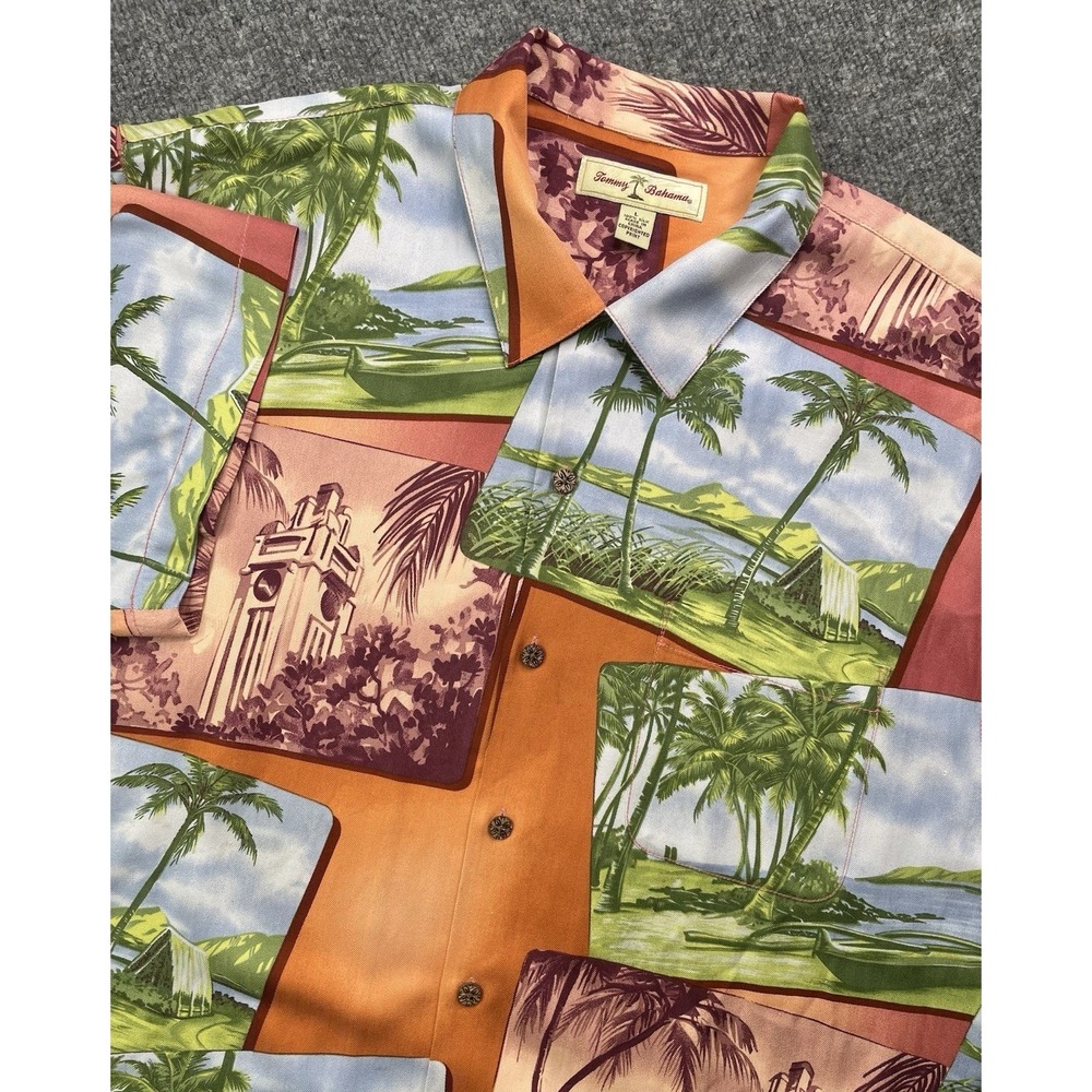 Tommy Bahama Shirt Men's L Silk Hawaiian Short Sleeve Camp Loop Collar